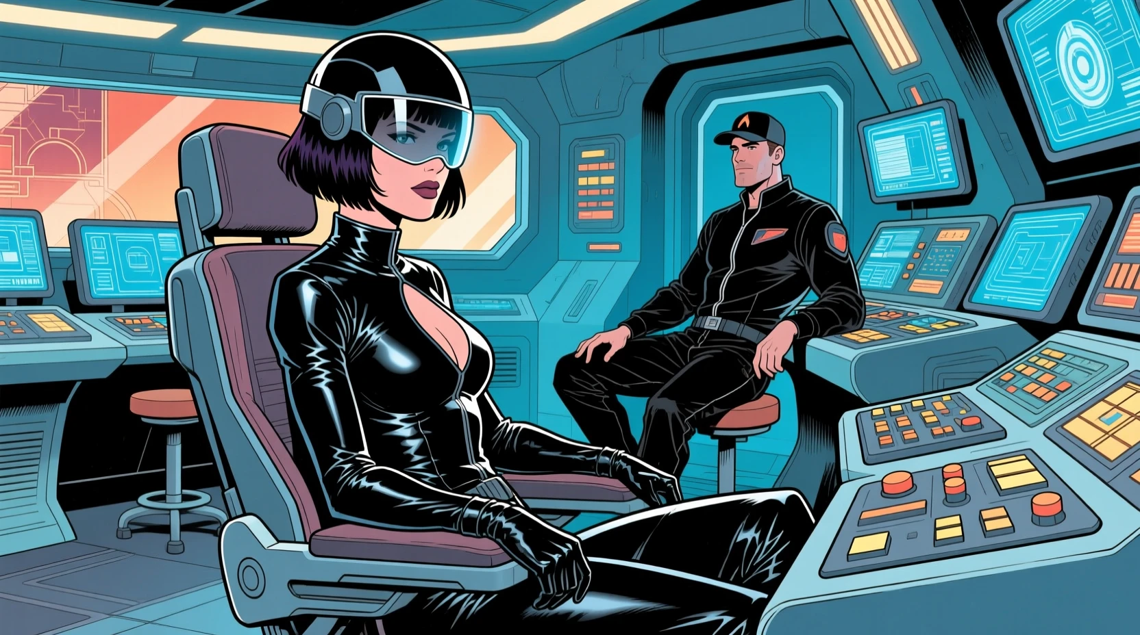 Sci‑Fi-Frau am Kontrollpanel im Kommandositz eines Raumschiffs