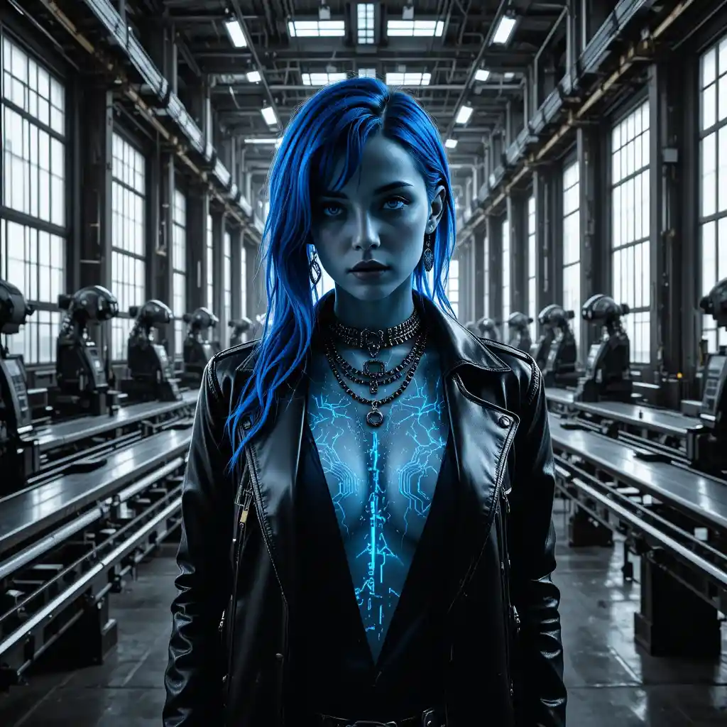 Donna cyberpunk in stile noir in primo piano dentro un'enorme fabbrica