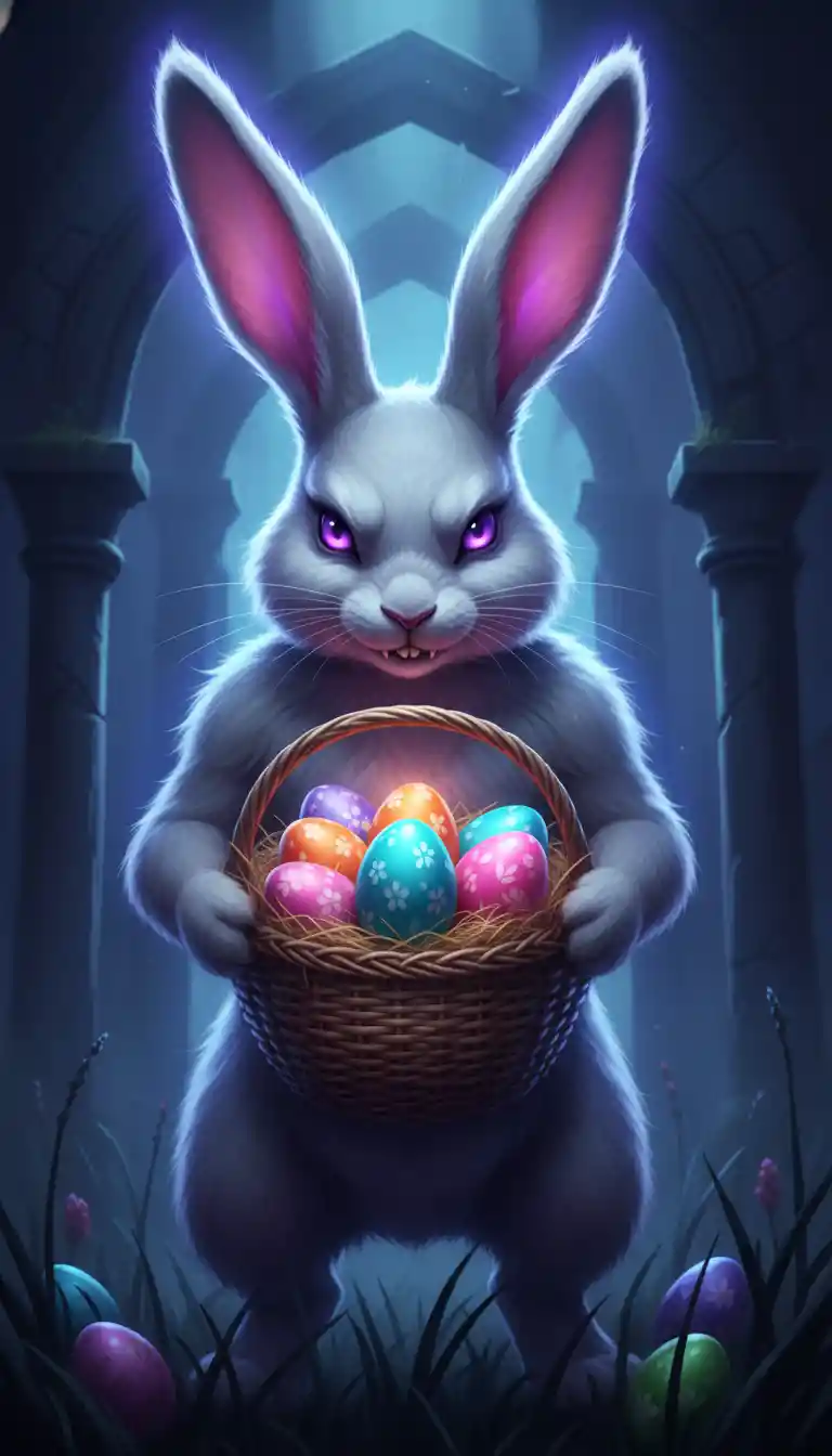 Sinister anthropomorphic rabbit with glowing eyes and Easter eggs