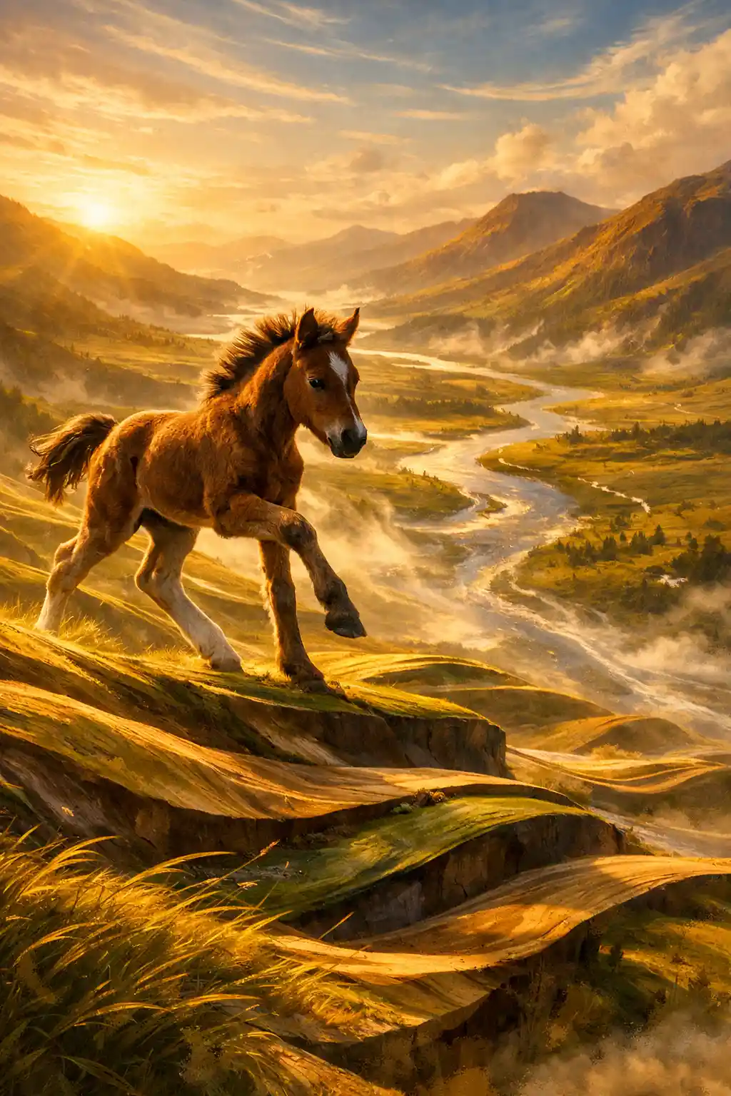 Young horse walking across layered meadow in golden light