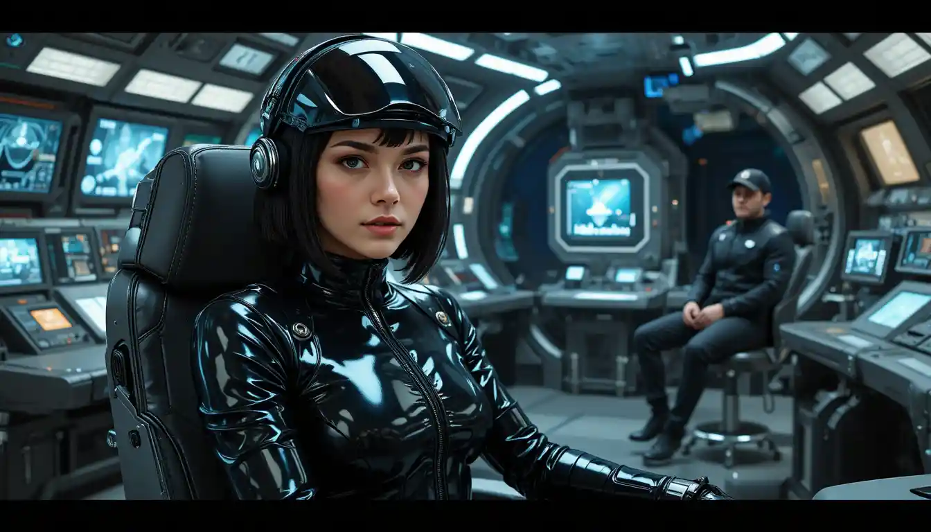 Woman pilot in sleek sci fi spaceship control room