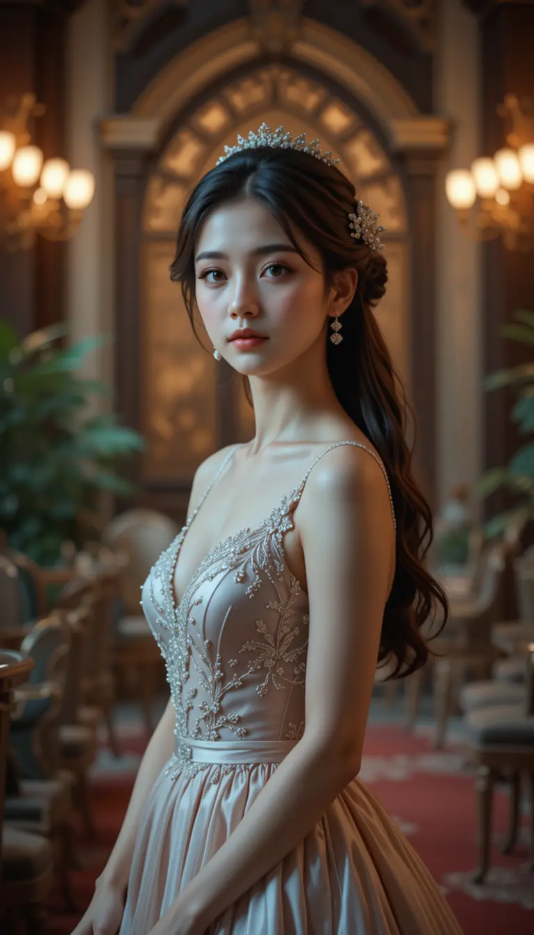 Elegant young woman in a formal gown with soft lighting