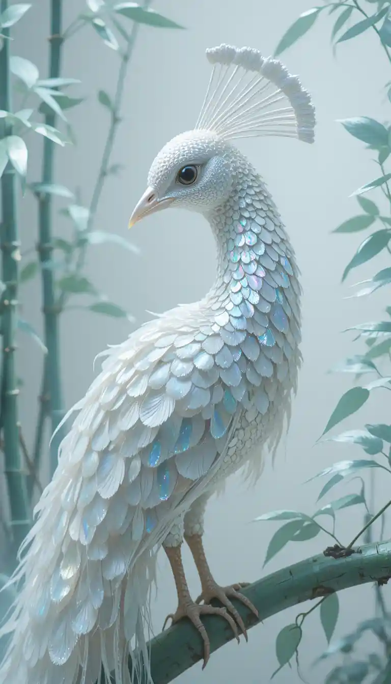 Metallic white peacock portrait with iridescent mosaic feathers