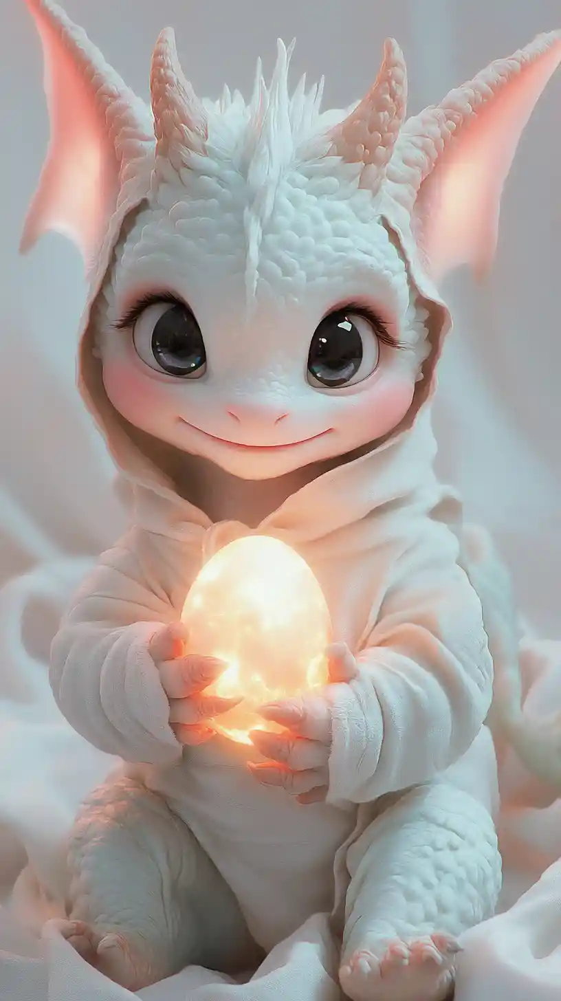 Cute baby dragon in hoodie holding glowing Easter egg