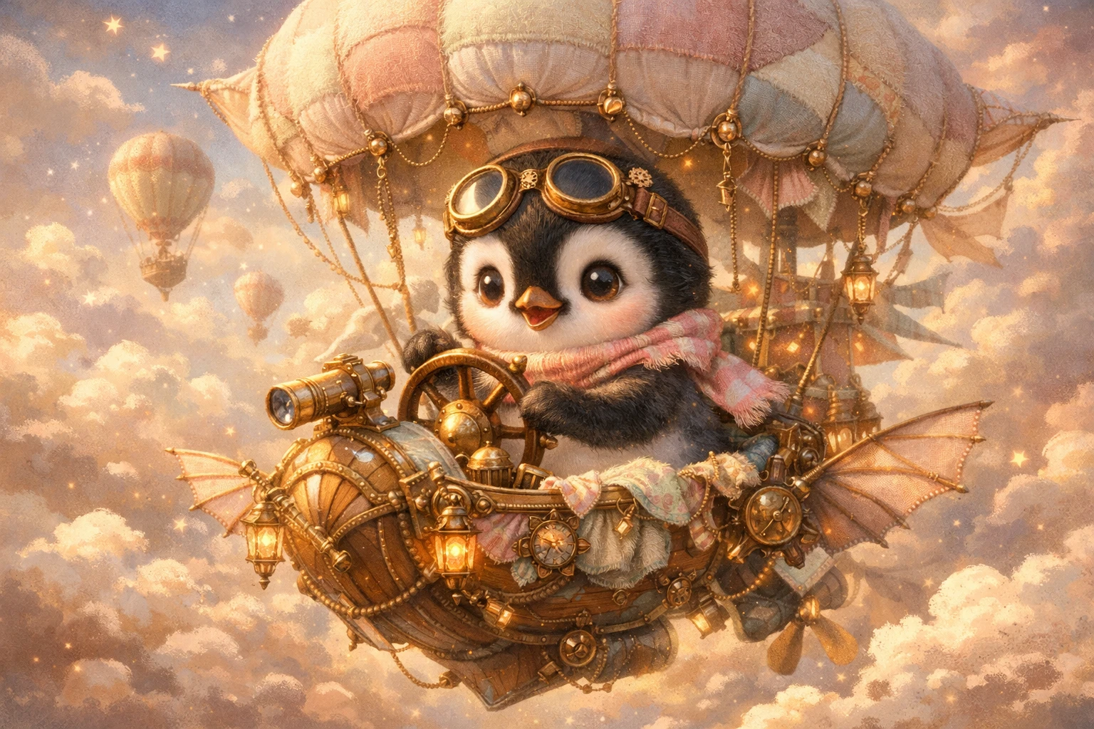 Cute steampunk baby penguin flying a small airship