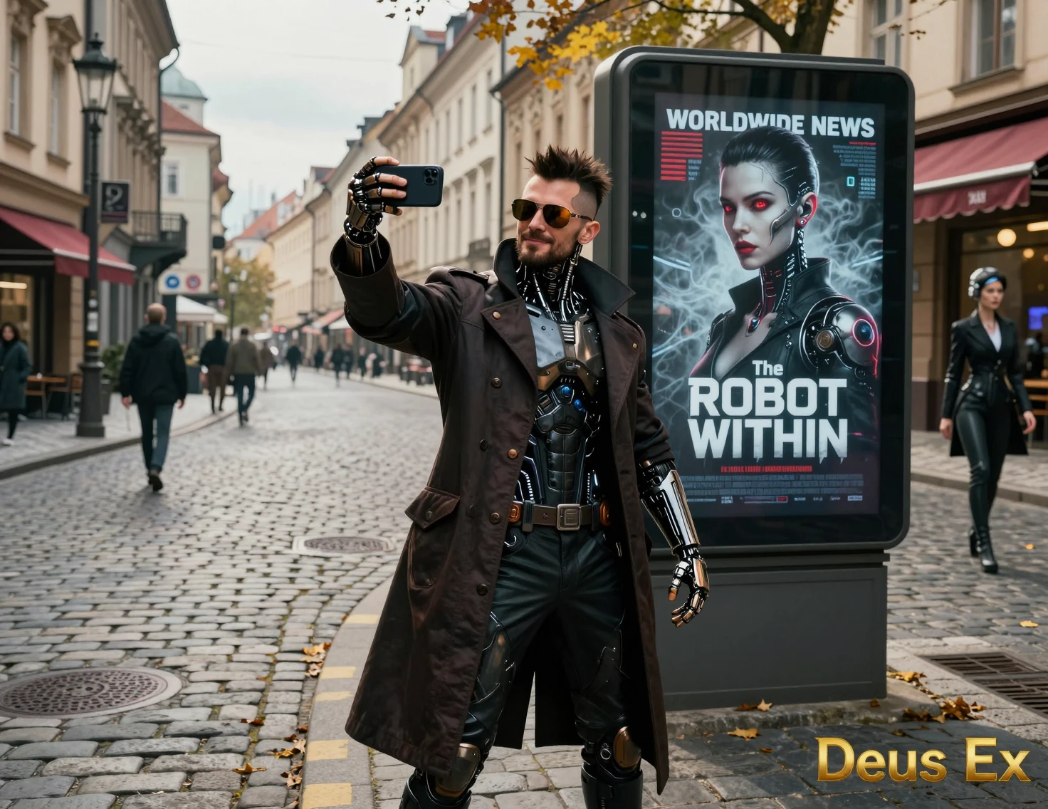 Erweiterter Detektiv macht ein Selfie auf einer Kopfsteinpflasterstraße