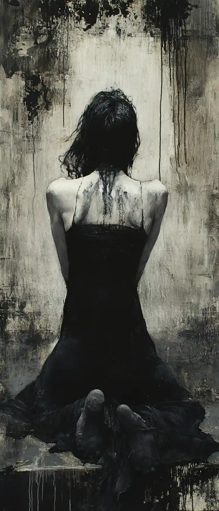 Young woman in gothic chiaroscuro ink and oil painting