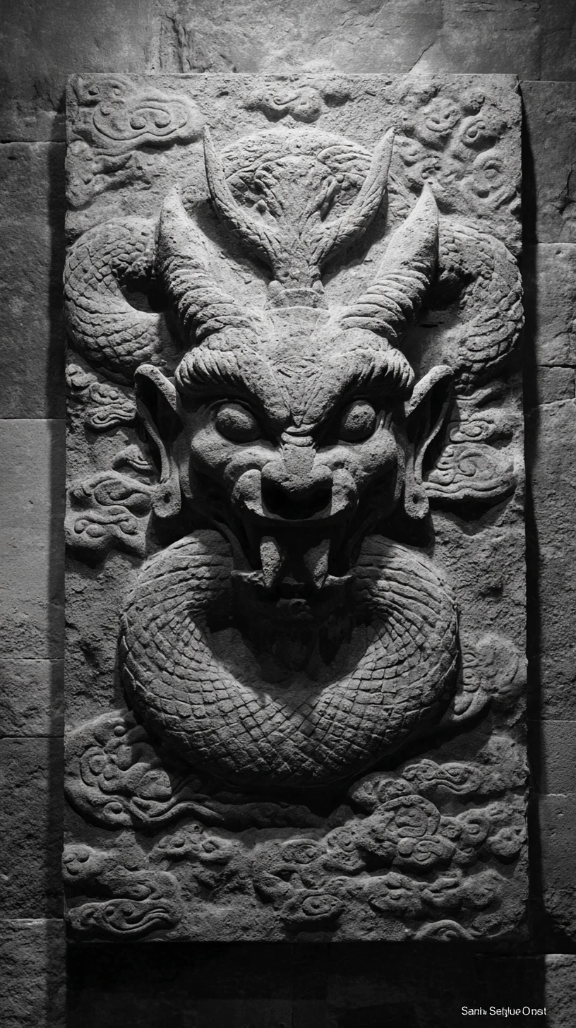 Steinerne Oni-Maske und Schlangendrache im vulkanischen Relief