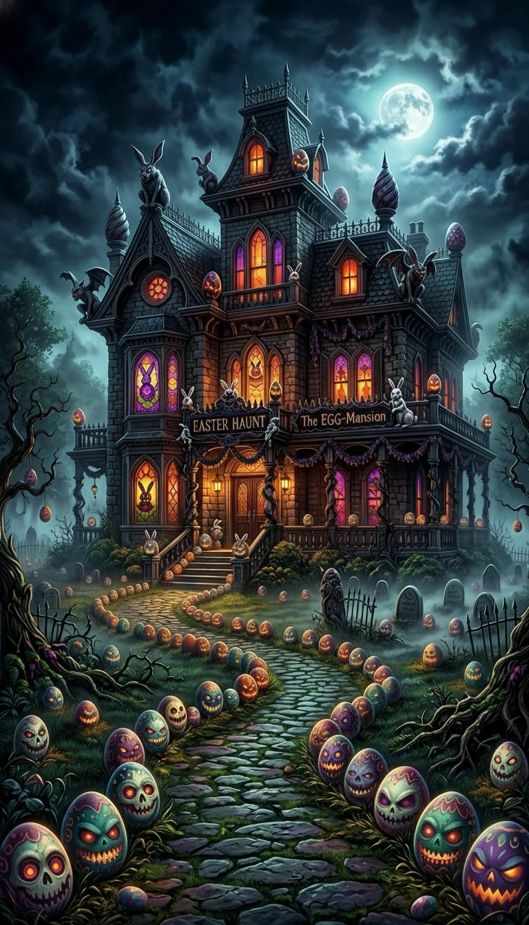 Eerie haunted house with glowing easter egg decorations