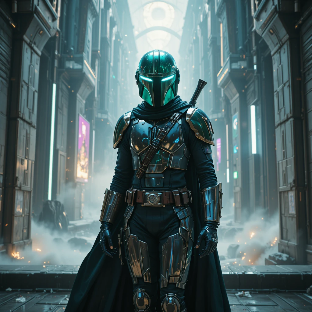 Female warrior in emerald armor in a vast neon corridor