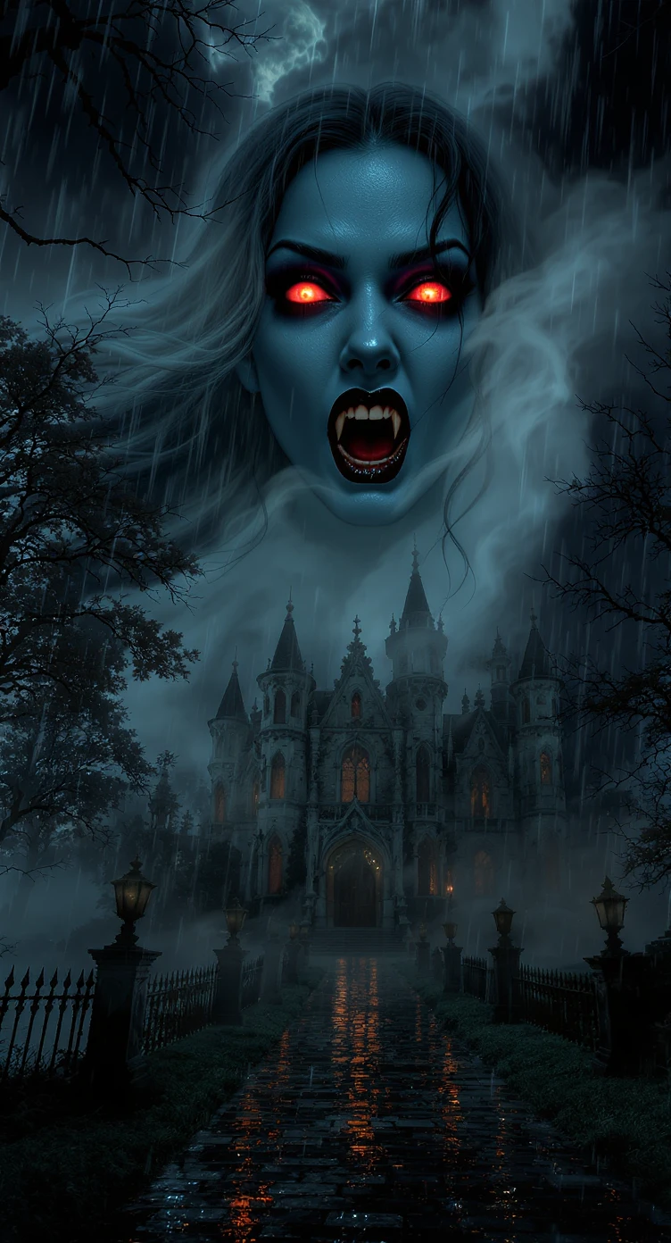 Gotische Vampirvilla über einem nebligen, verfluchten Wald