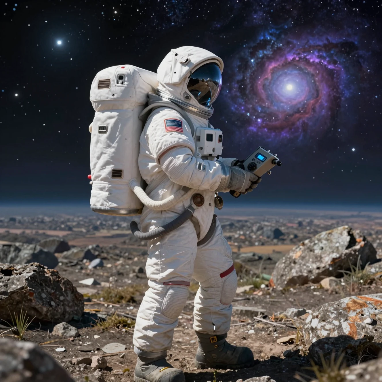 Astronauta in Piedi su Pianeta Alieno sotto un Cielo di Nebulosa Colorata