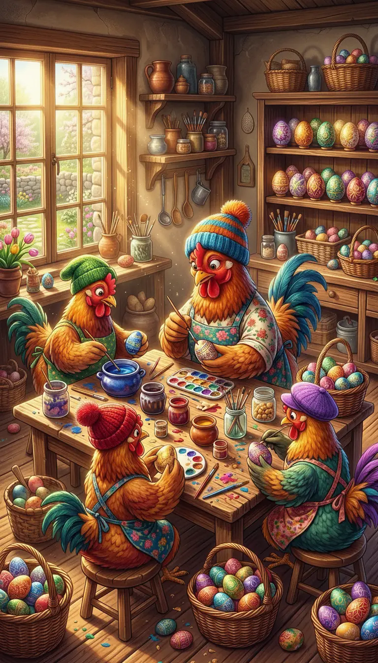 Gallinas de dibujos animados pintando huevos de Pascua en una sala rústica bañada por el sol