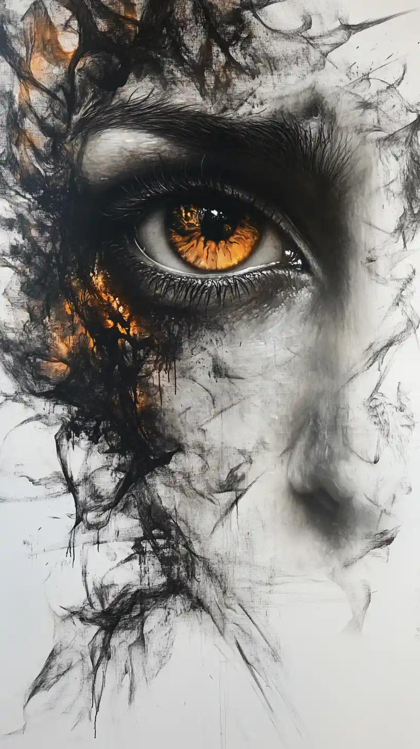 Lobo abstrato em mídia mista com grandes olhos reflexivos