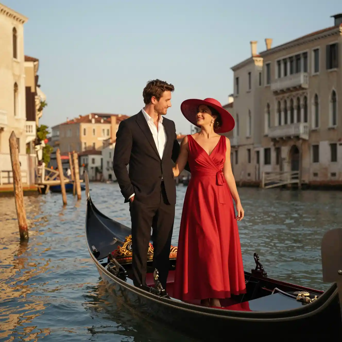 Romantic couple in a gondola on a golden venice sunset