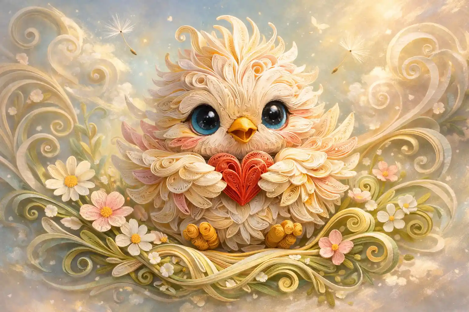Cute paper quilling baby bird holding a small heart