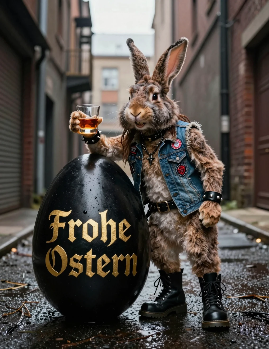 Rock rabbit leaning on black easter egg in alleyway
