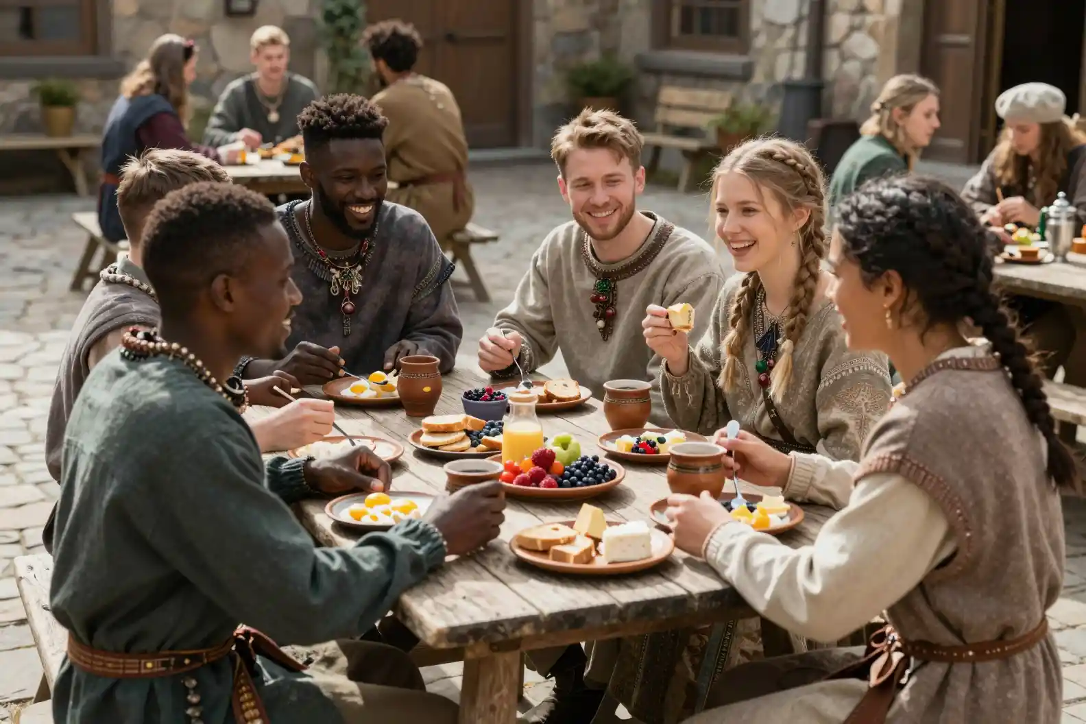 Friends sharing breakfast in a sunny fantasy courtyard