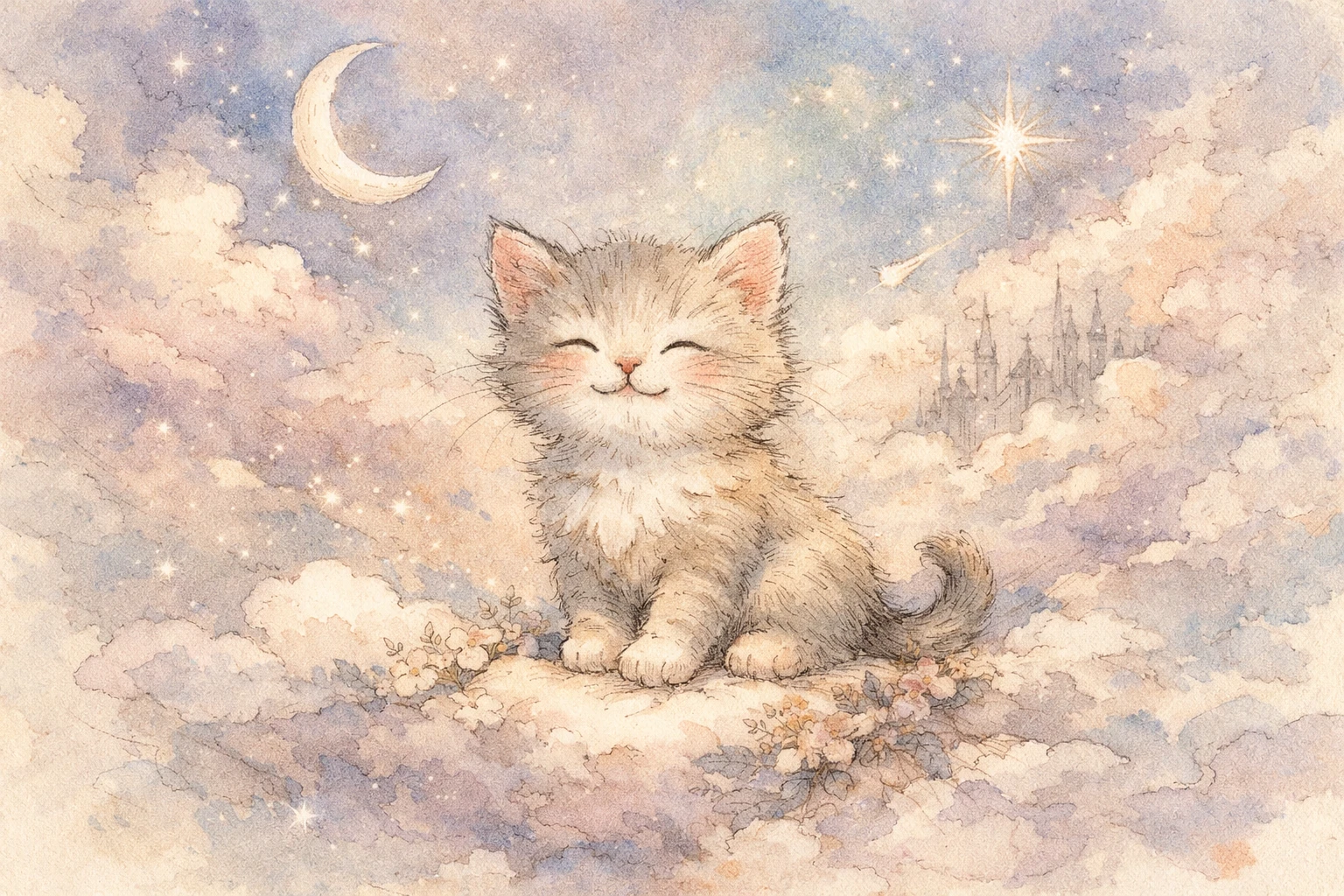 Tiny smiling kitten in soft pen and wash illustration