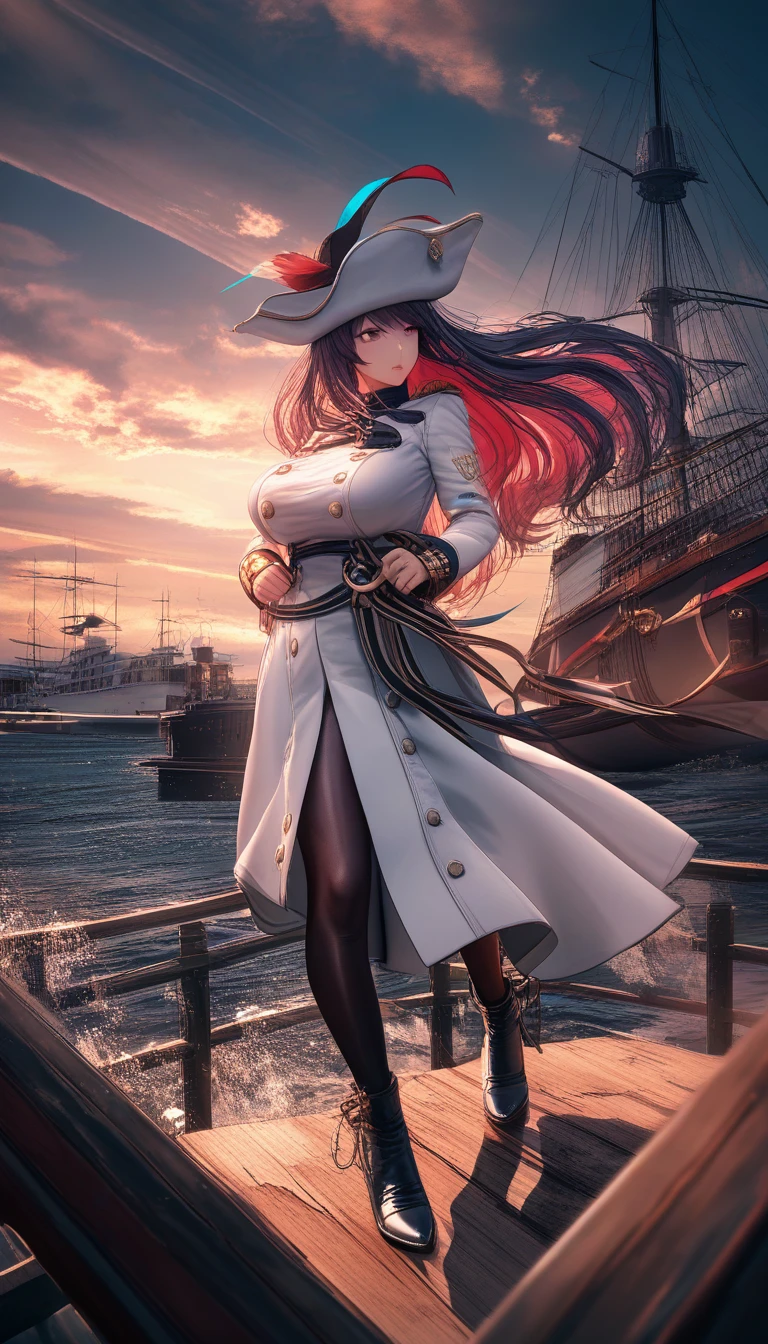Tall white haired shipgirl officer at sunset harbor