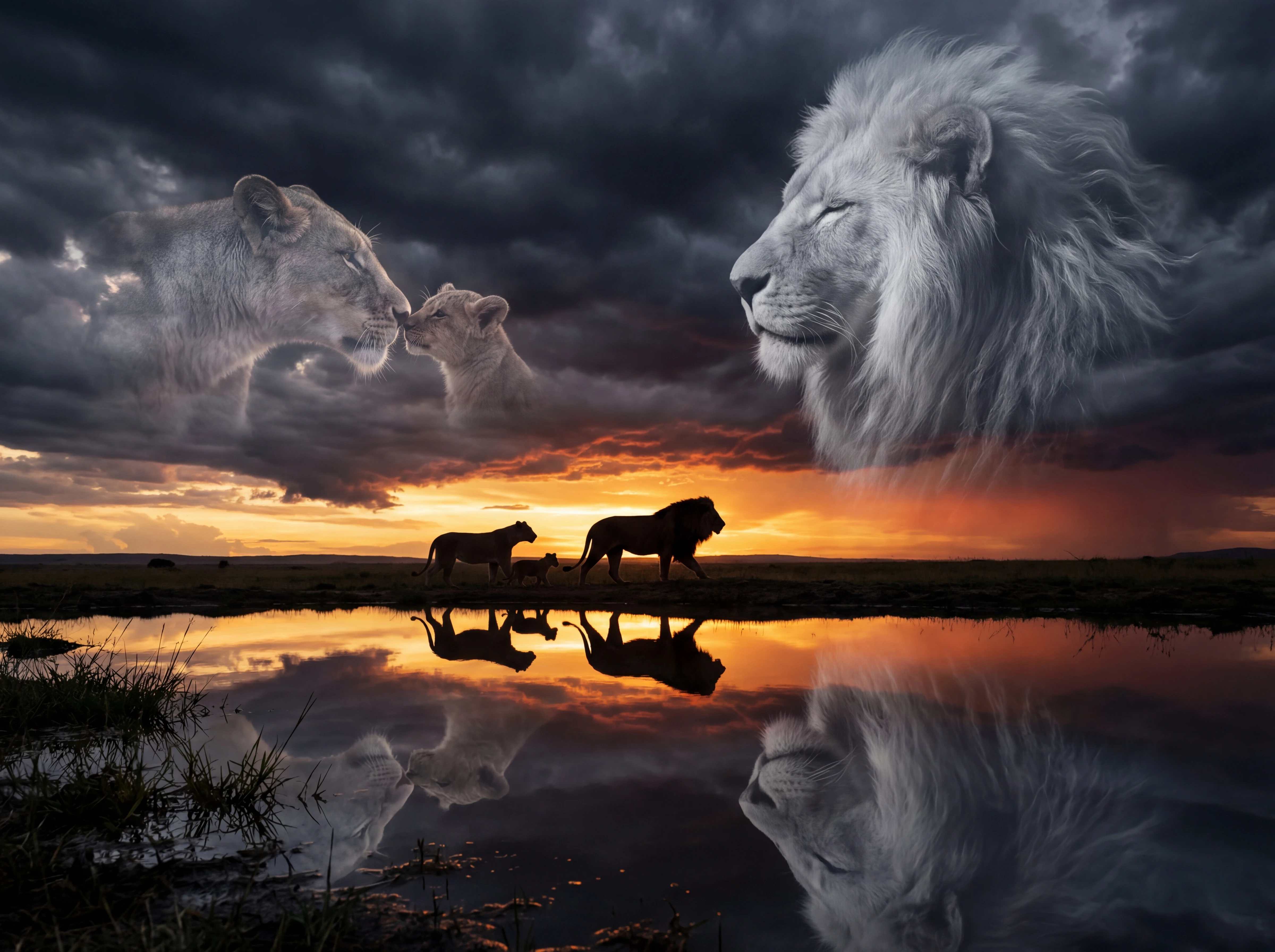 Lion family silhouettes reflected on a stormy savanna lake