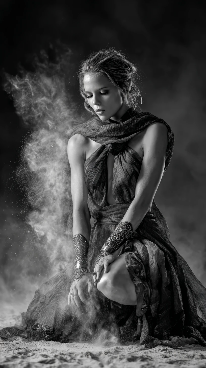 Mystic guardian kneeling in sand with swirling magical dust