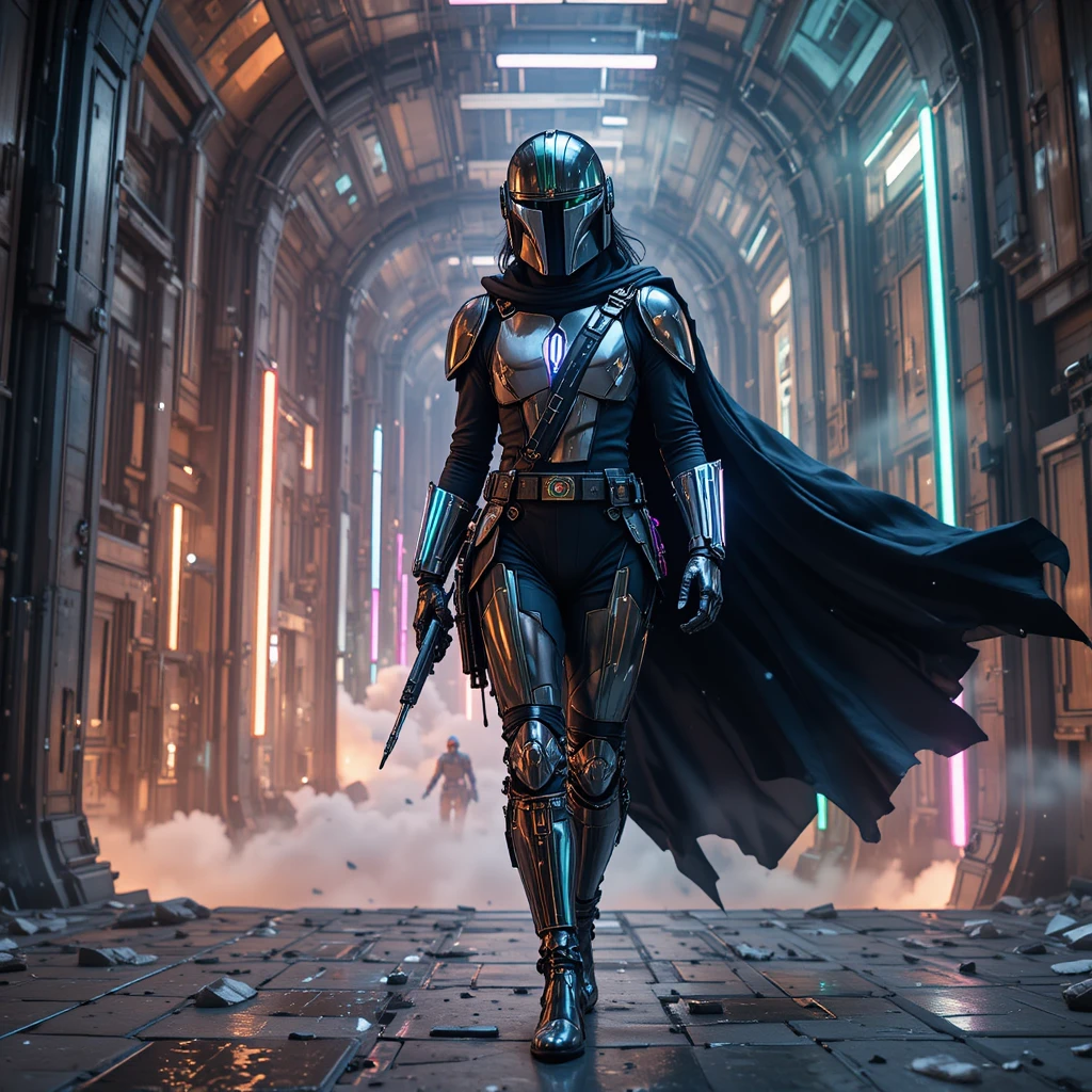 Guerriera in armatura mandaloriana in corridoio sci‑fi al neon