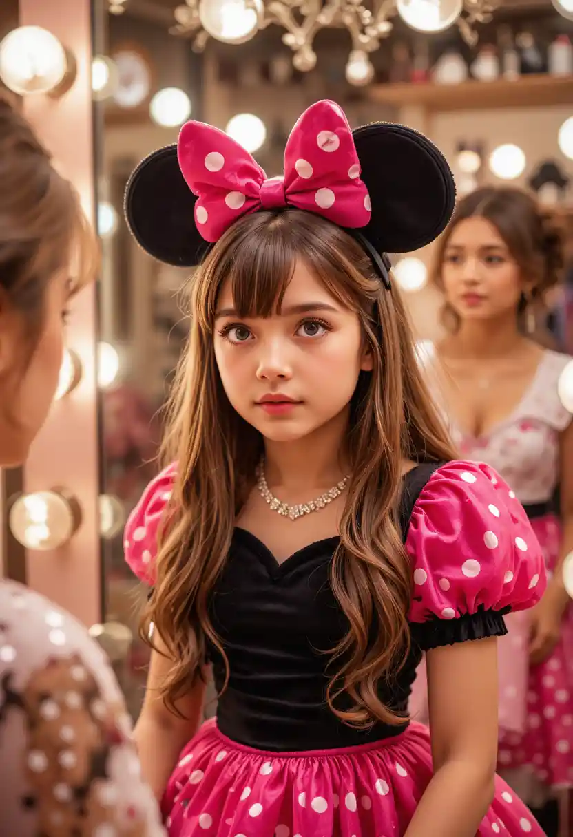 Junger Junge im pinken Minnie-Kleid am Boutique-Schminkspiegel