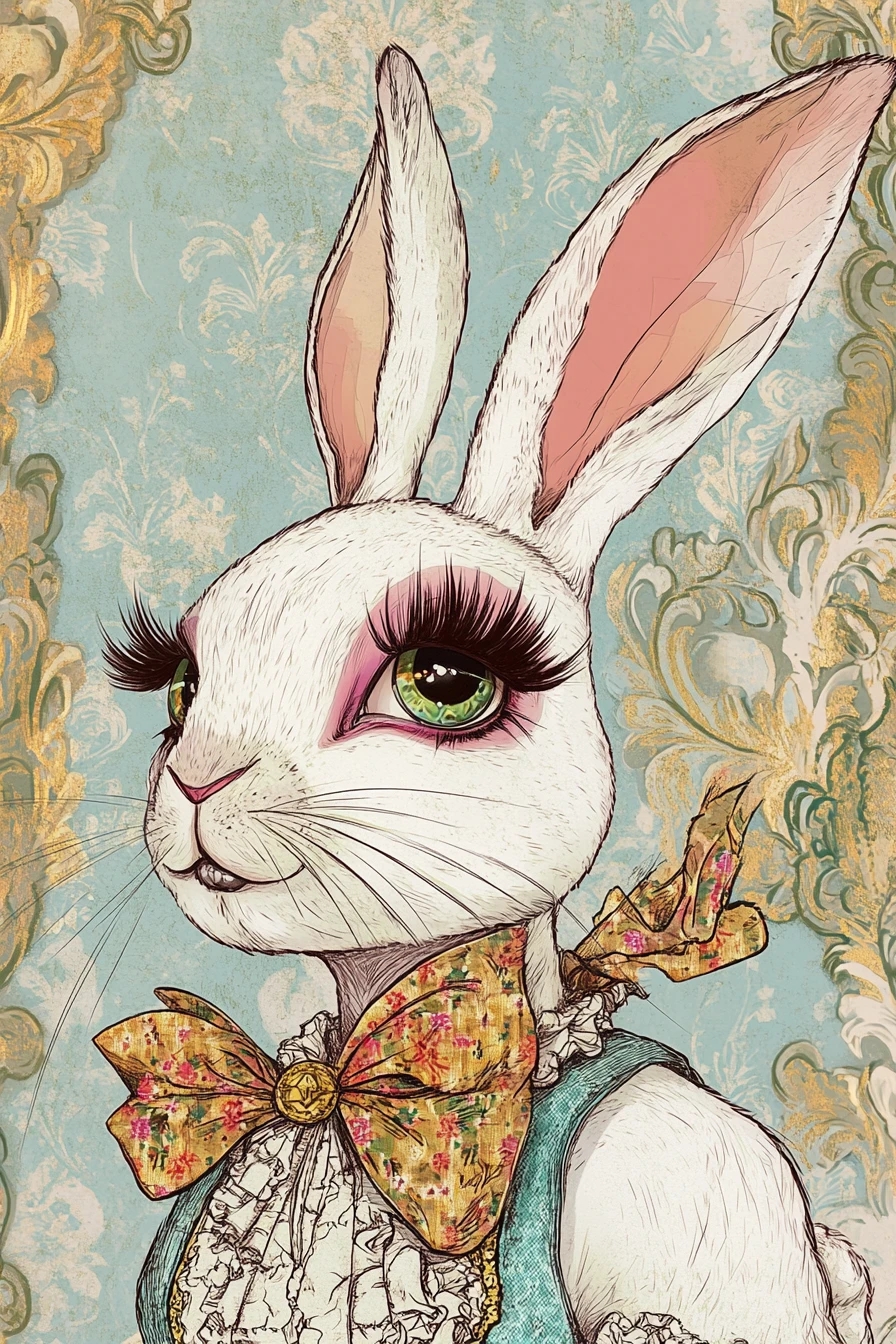 Glamourosa diva coniglio pastello in stile fumetto festoso