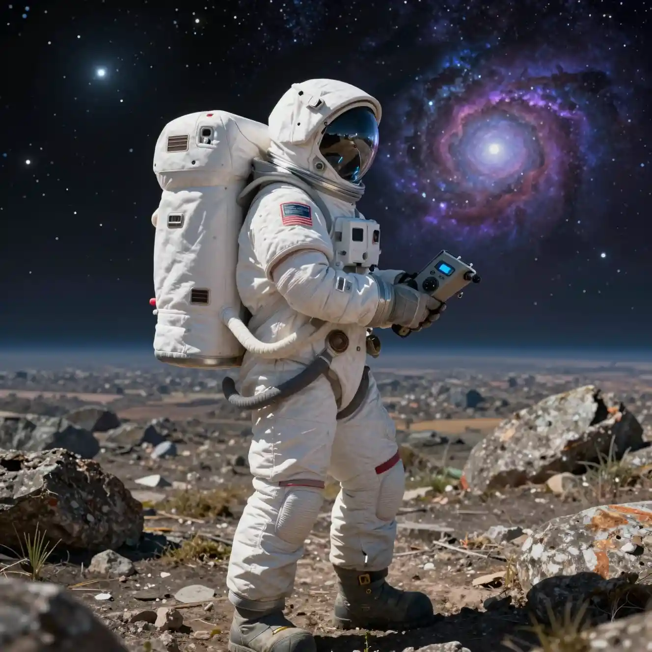 Astronauta in Piedi su Pianeta Alieno sotto un Cielo di Nebulosa Colorata