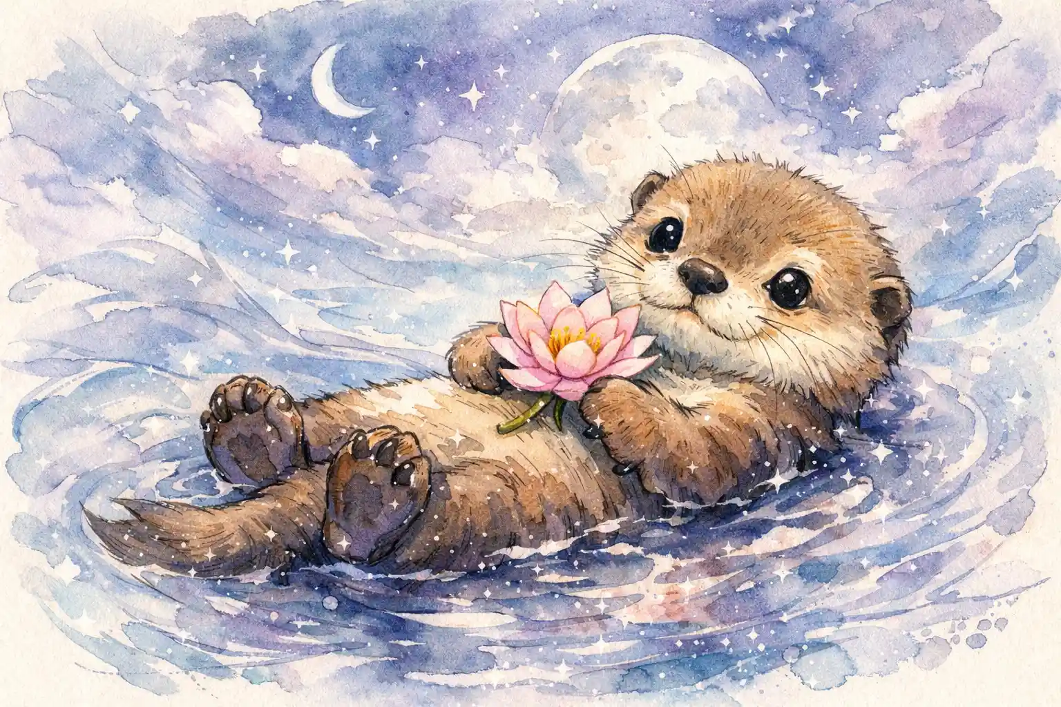 Süßes Baby-Otter treibt auf dem Rücken mit einer Blume