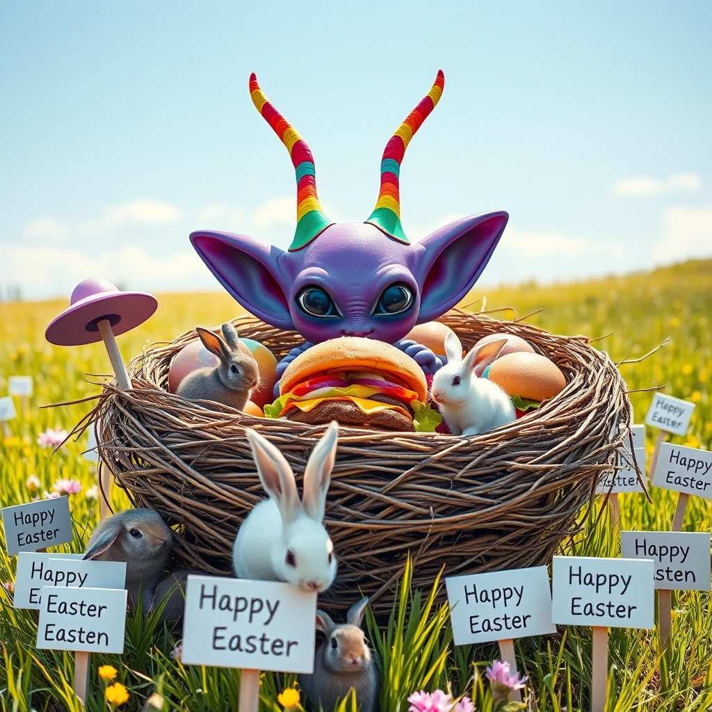 Playful purple alien hiding in a colorful Easter nest