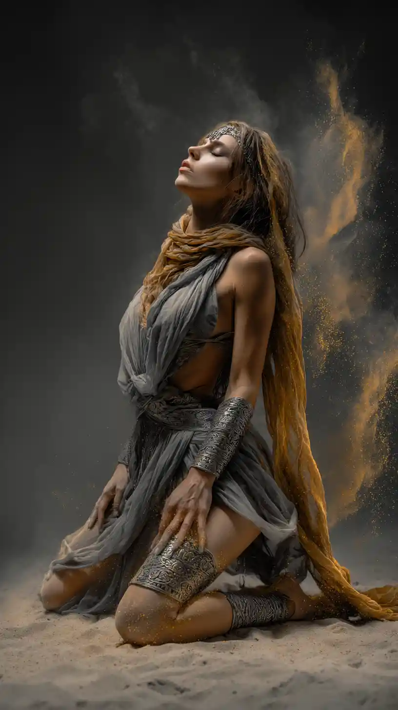 Mystic guardian woman kneeling in swirling magical dust
