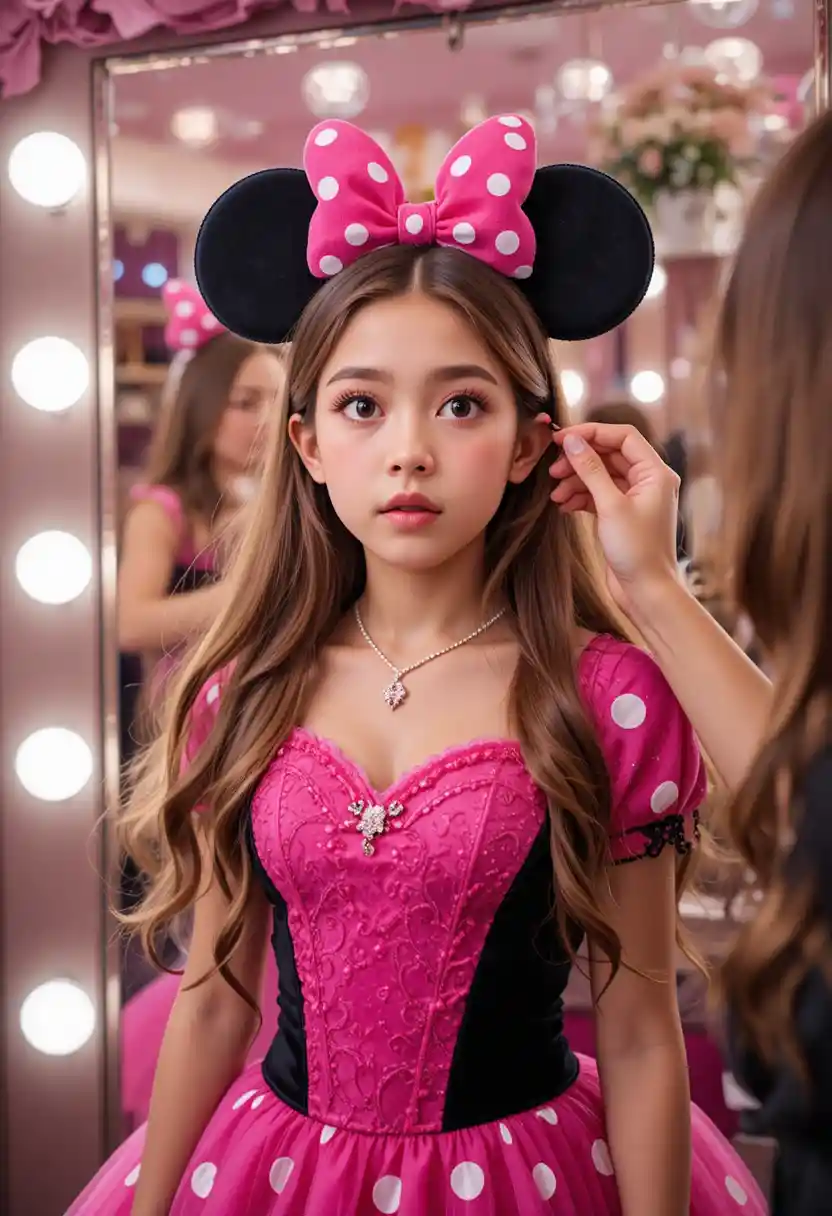 Menino de vestido rosa da Minnie fazendo maquiagem no fundo de uma boutique