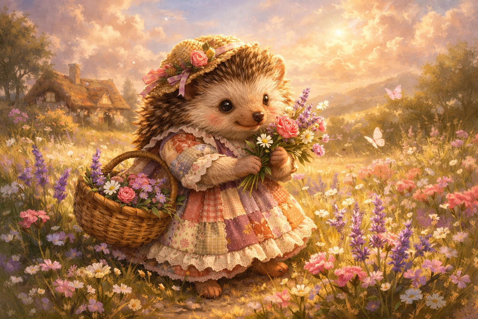Cute hedgehog in a patchwork dress picking flowers in meadow