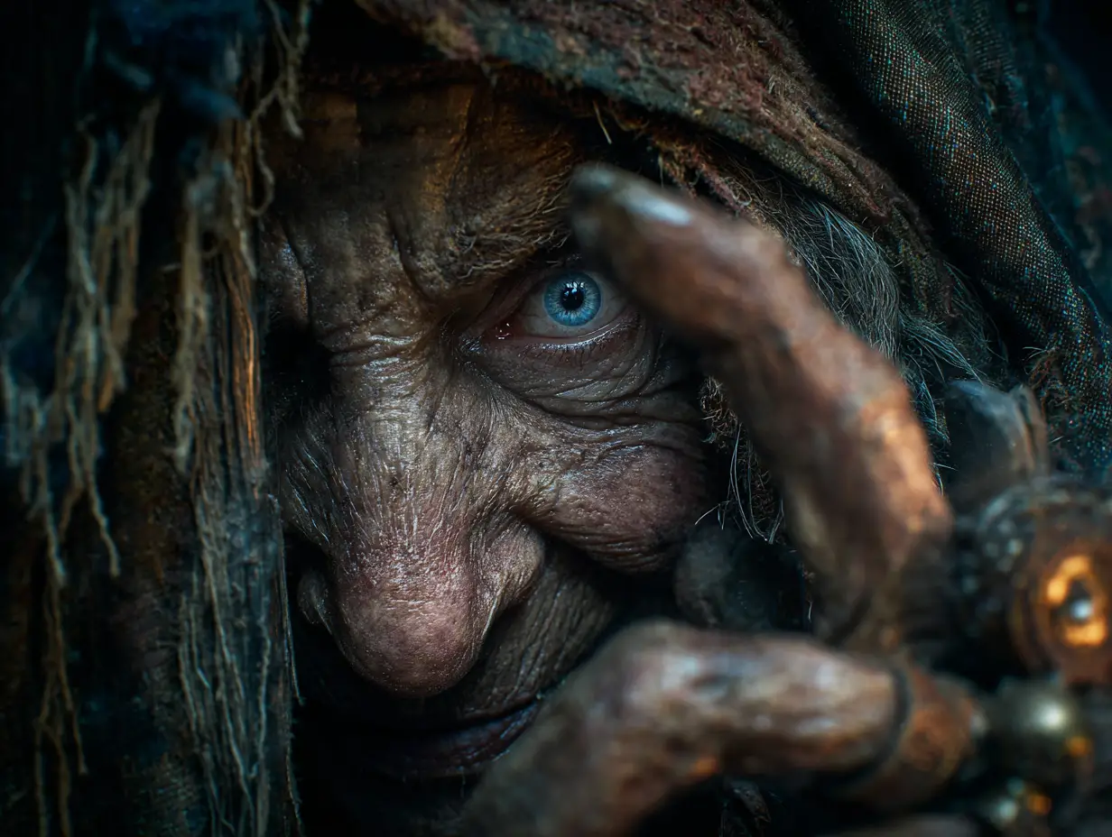 Terrifying close view of an old crone at cabin window