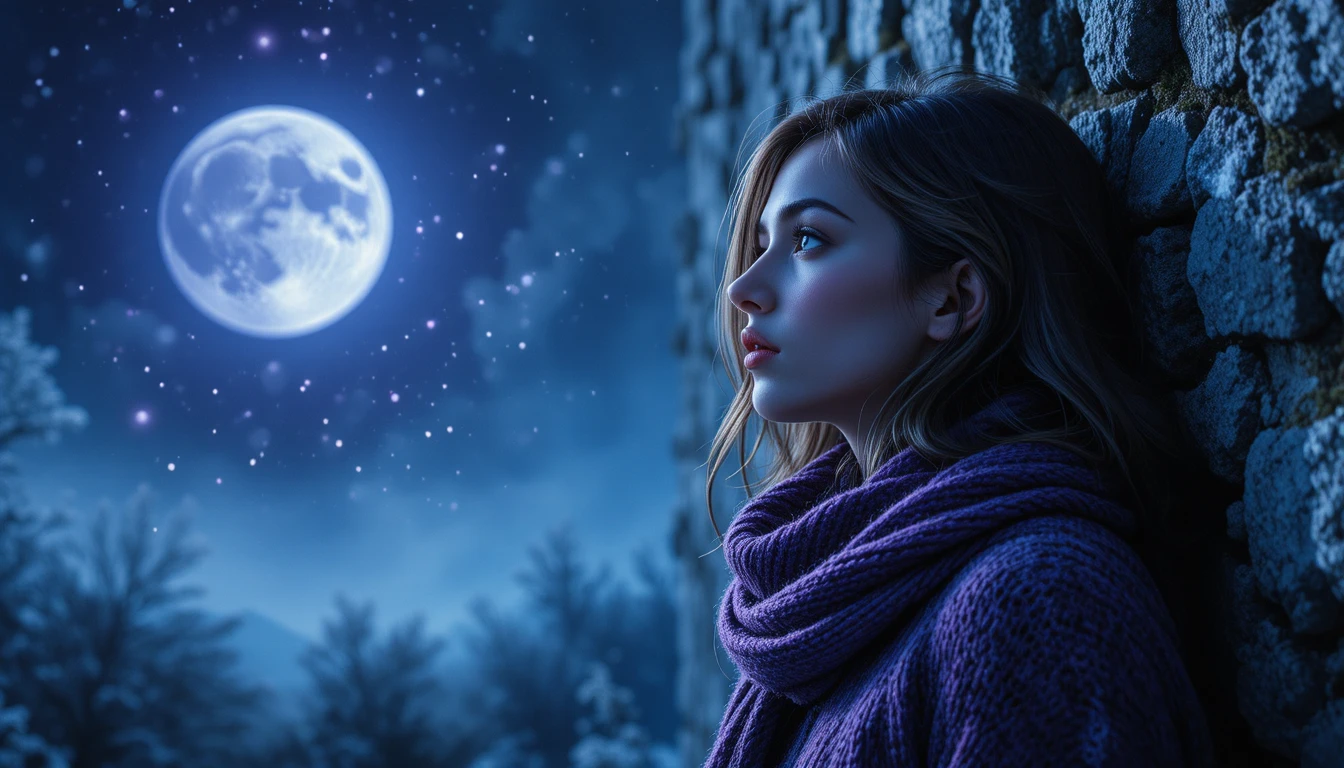 Young woman in moonlight beside a frost covered stone wall