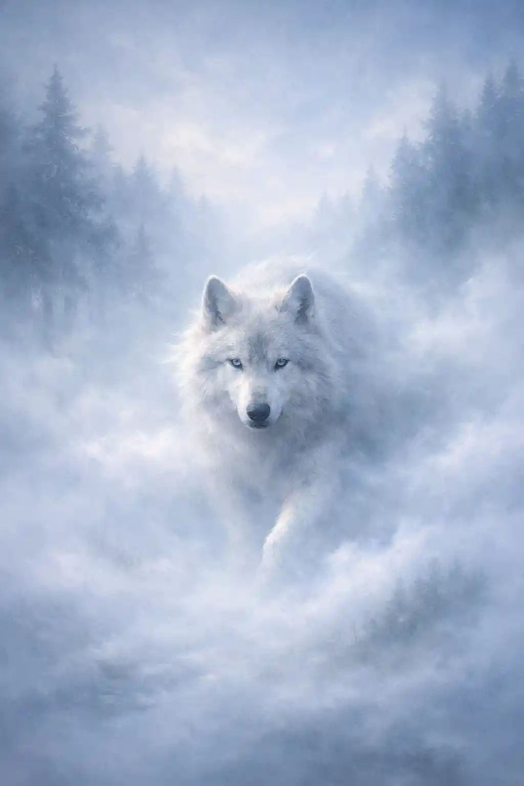 Silver wolf emerging from mist in a dreamlike forest