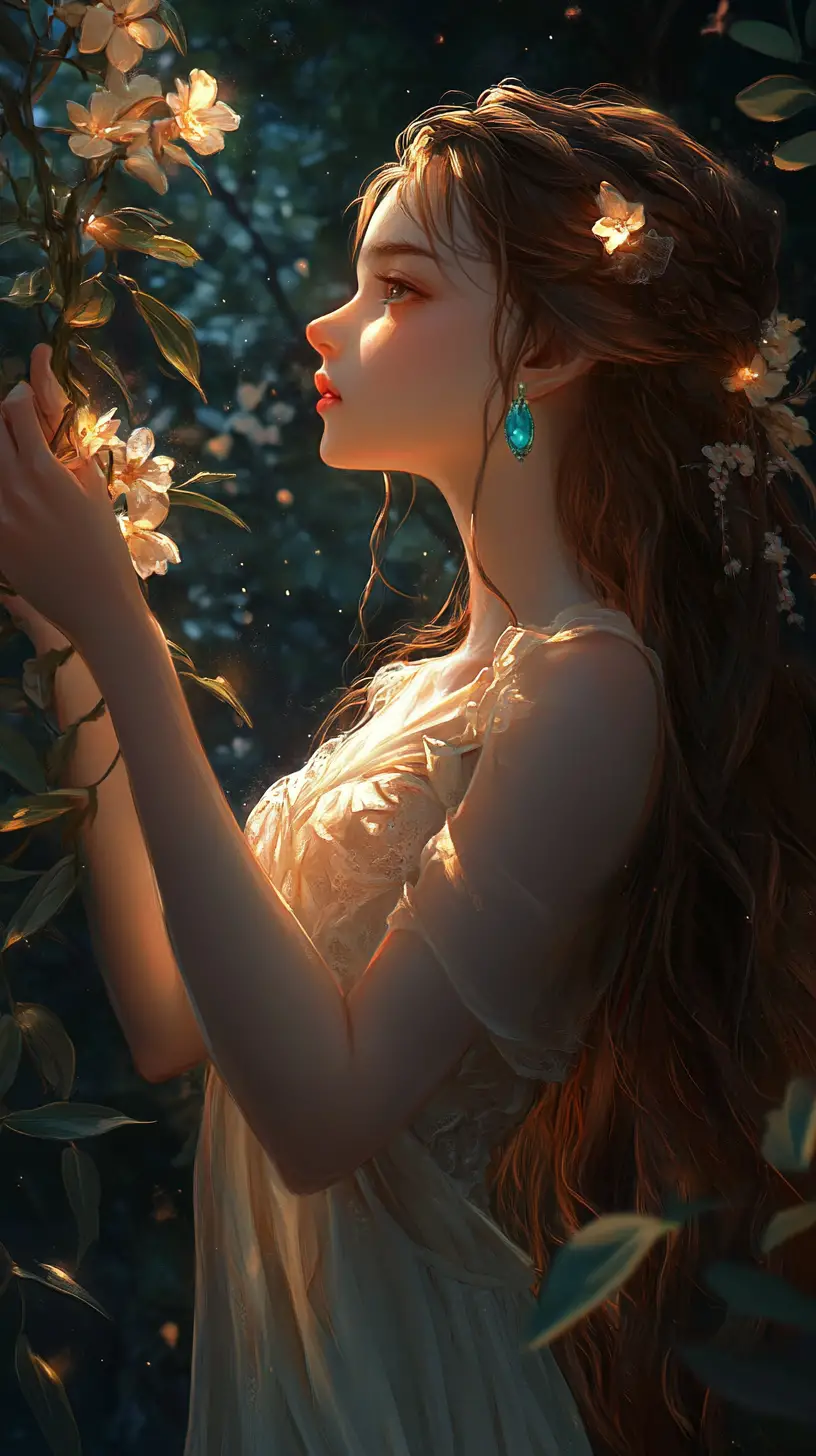 Anime girl in a moonlit forest clearing with glowing flowers