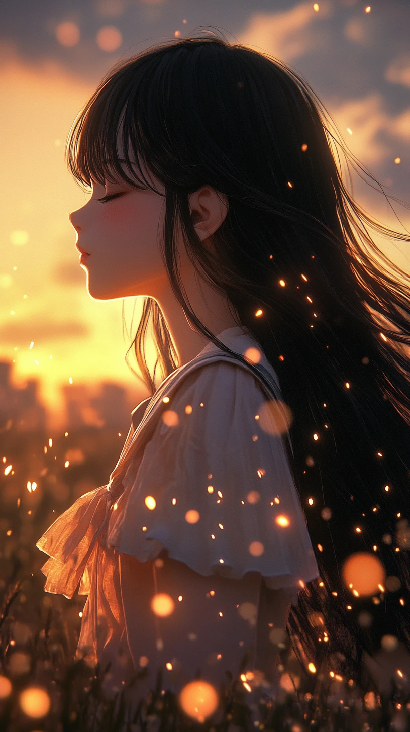 Garota de anime em campo ao entardecer brilhante com brasas flutuantes