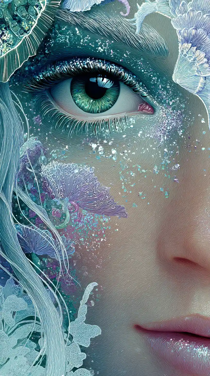 Enchanting mermaid face close up in watercolor and ink