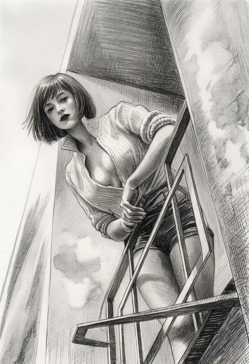 Donna in piedi su un piccolo balcone in drammatico controplongée