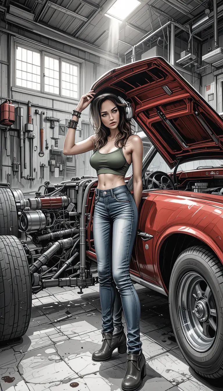 Young mechanic lifting hood of red muscle car