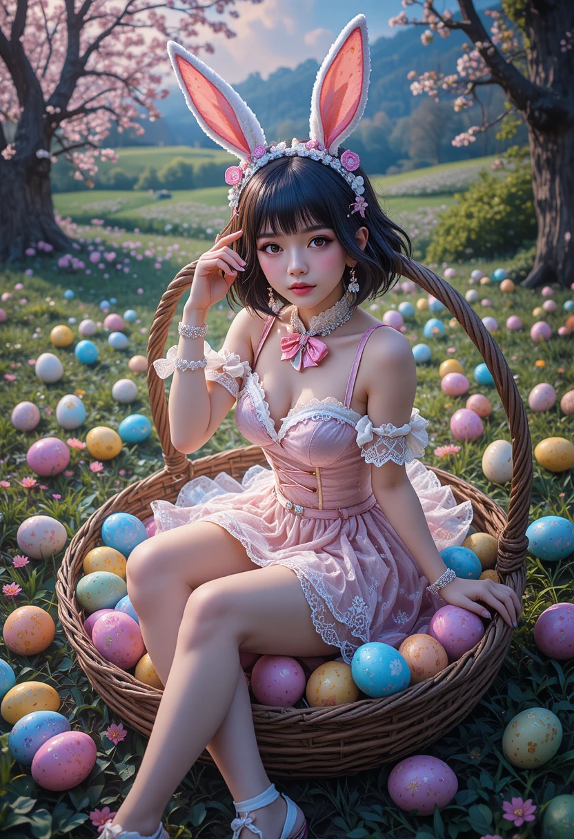 Anime-Mädchen im Bunny-Kostüm sitzt in einem Osterkorb