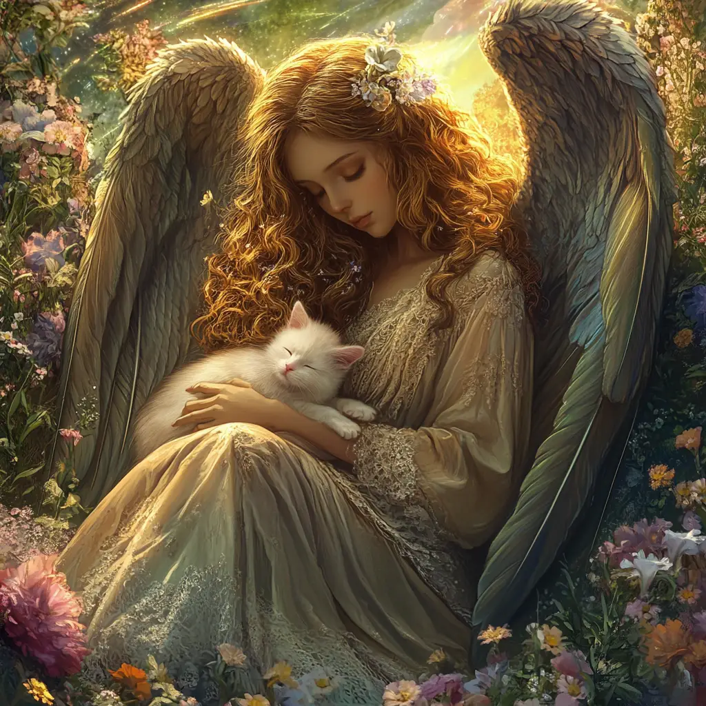 Angel of death guiding a kitten across a rainbow bridge