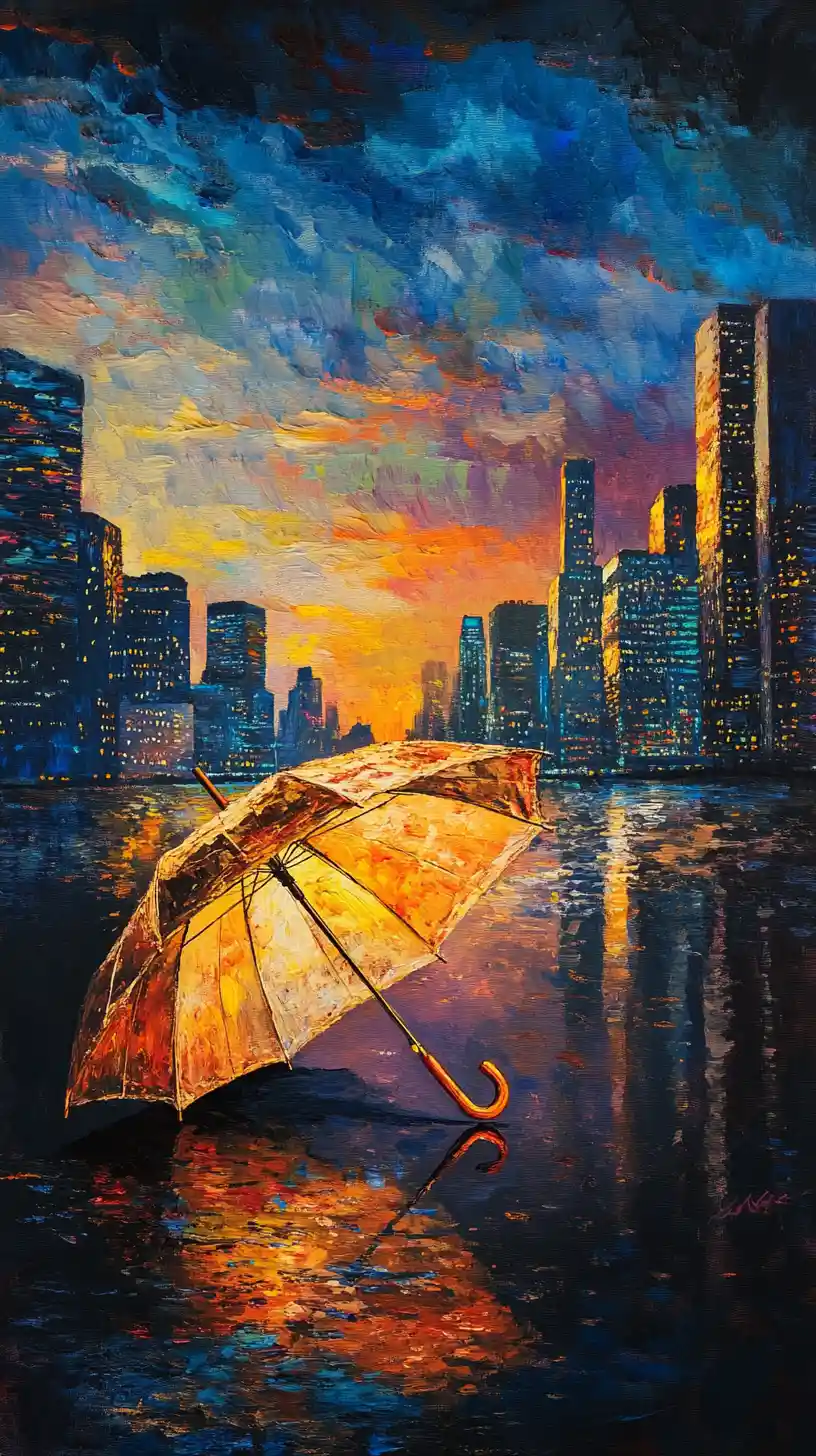 Upside down umbrella reflecting a rainbow city skyline