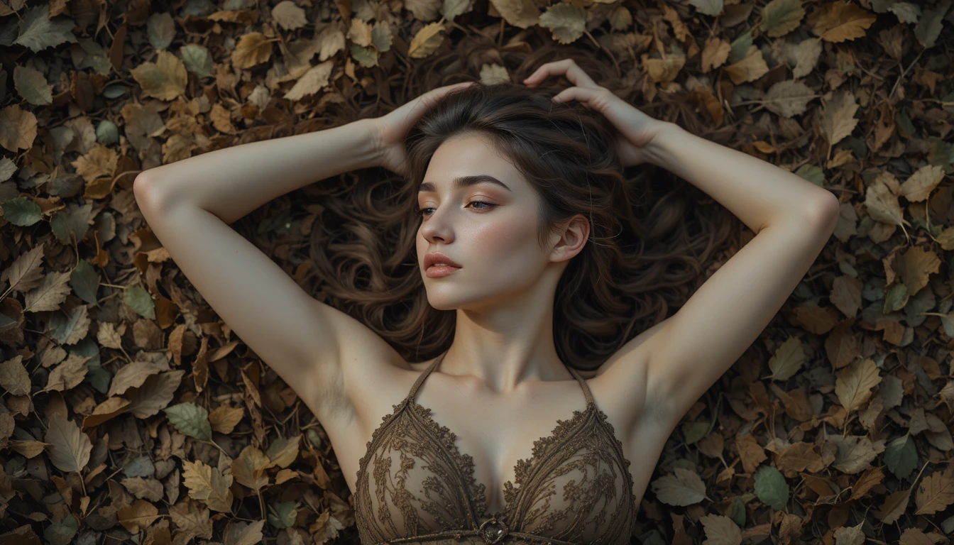 Young woman lying on dried leaves in soft earthy light