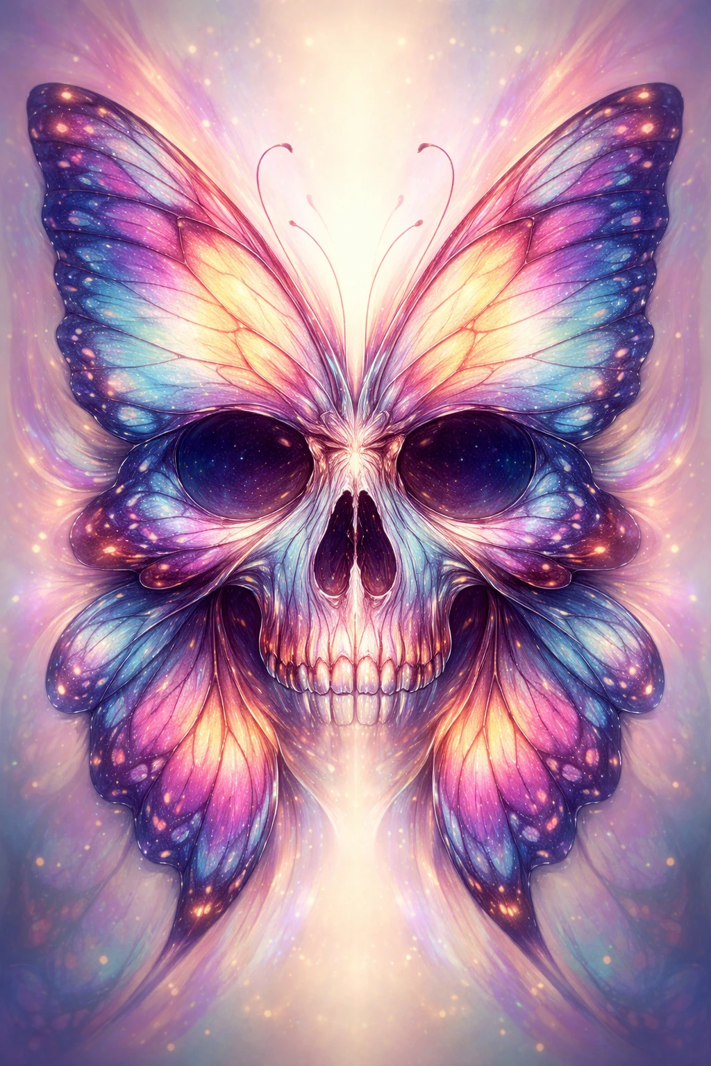 Butterfly wings creating a vibrant symmetrical skull illusion