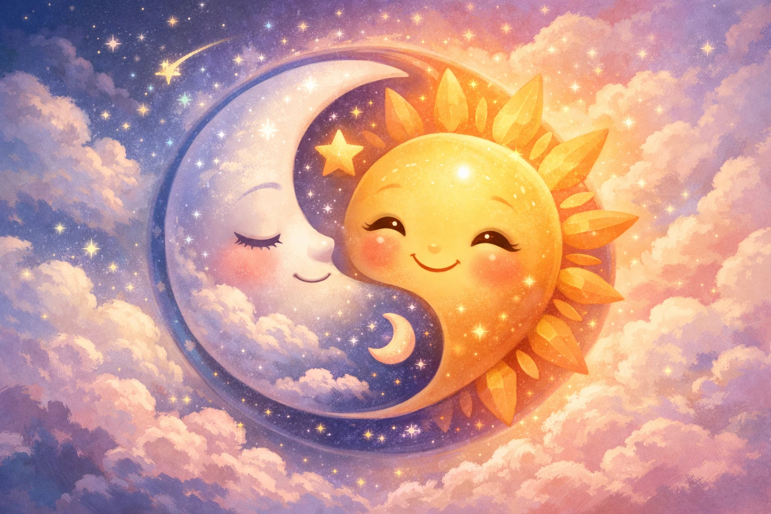 Dolce illustrazione yin e yang con luna assonnata e sole sorridente