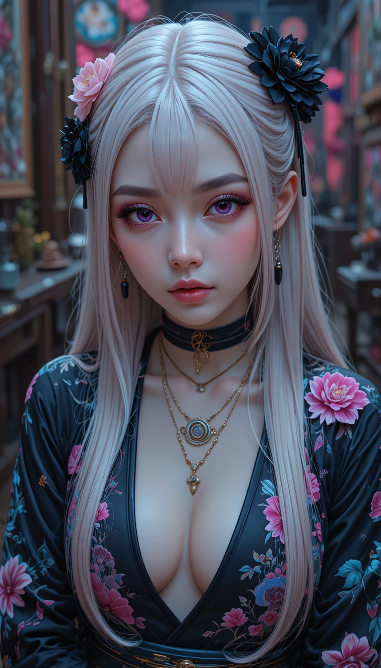 Anime-Cyberpunk-Frau in neongetränkter Regen-Gasse